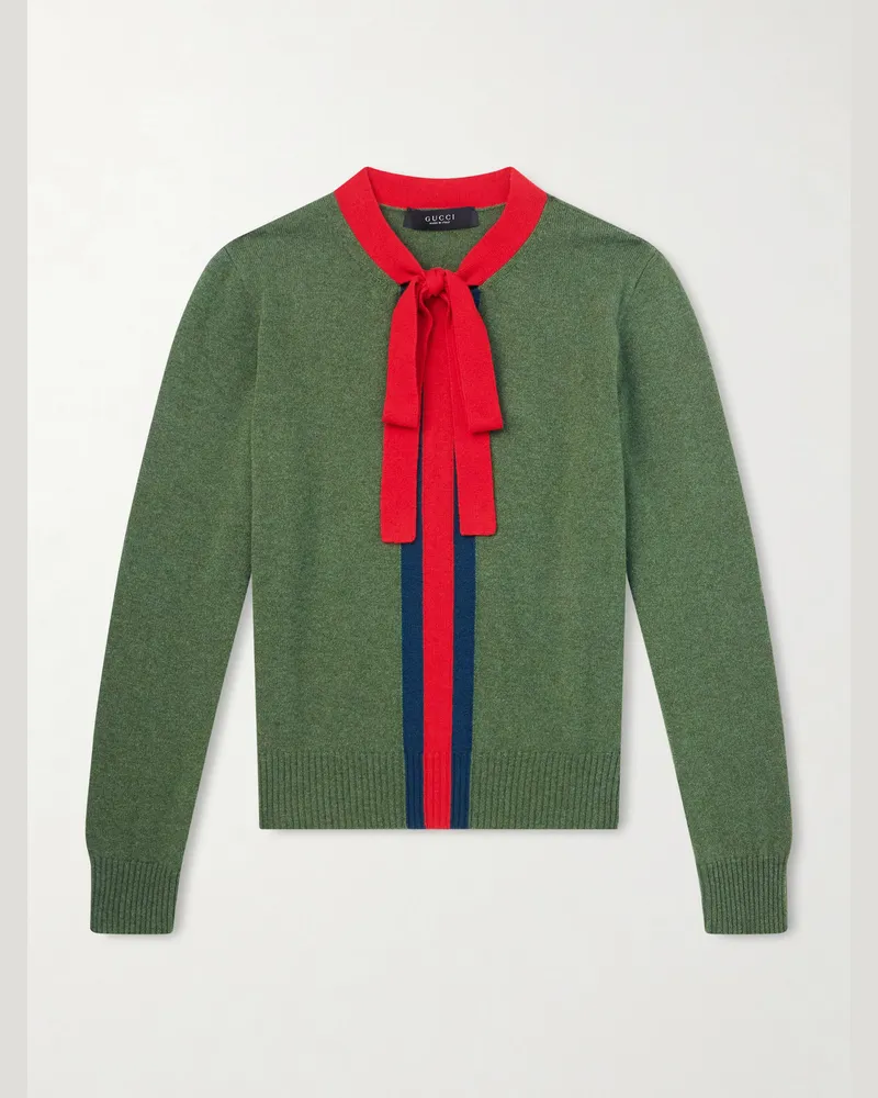 Gucci Slim-Fit Cropped Wool-Trimmed Striped Cashmere Sweater Green