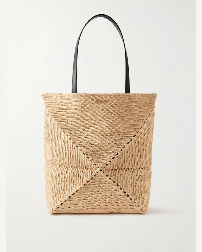 Loewe Paula’s Ibiza Puzzle Fold große Tote aus Raffiabast mit Lederbesatz Braun