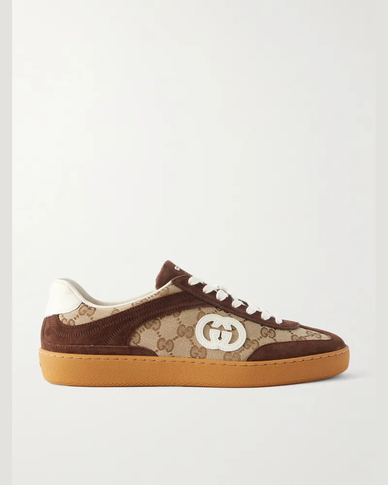 Gucci G74 Suede and Leather-Trimmed Monogrammed Canvas Sneakers Brown