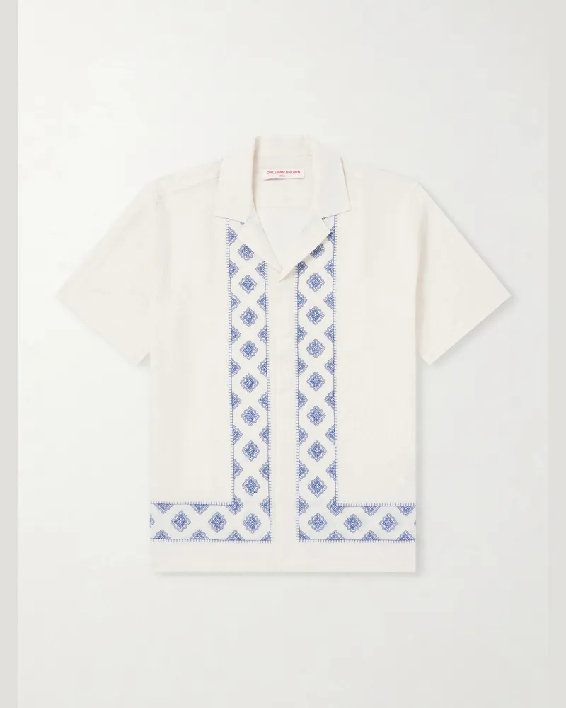 Orlebar Brown Maitan Camp-Collar Embroidered Cotton Shirt Neutrals