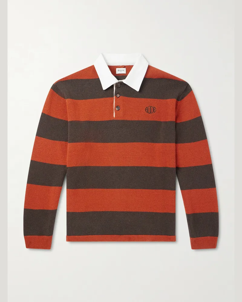 BODE Gestreifter Pullover aus Wolle mit Polokragen und Logostickerei Braun