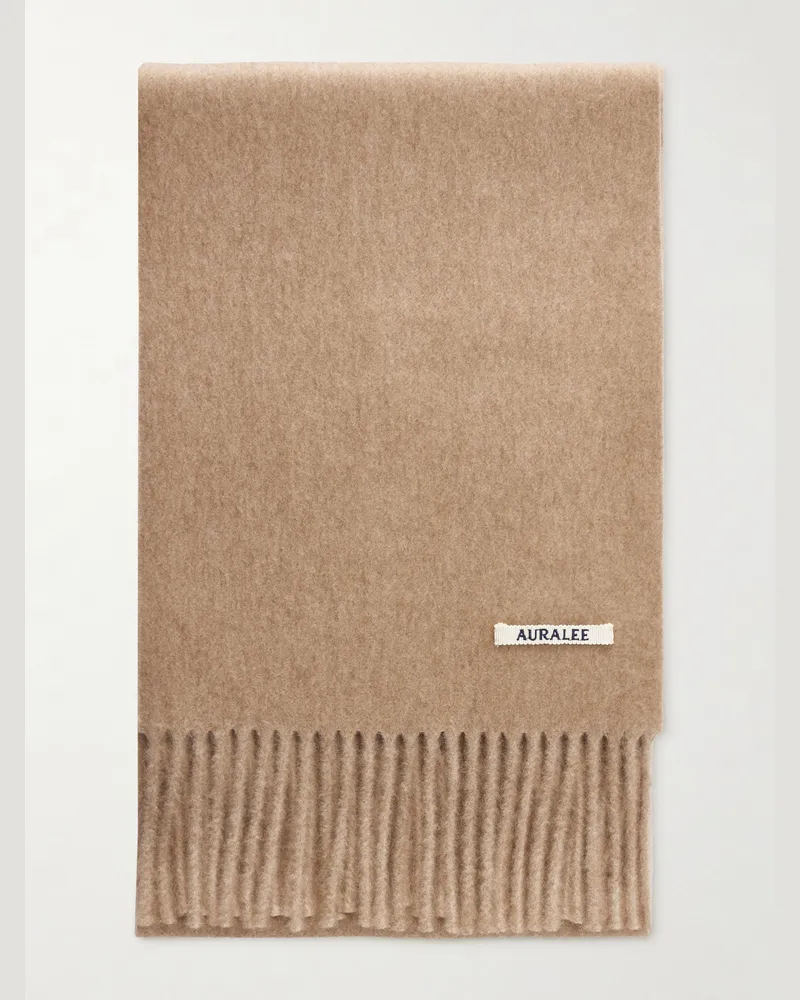 AURALEE Logo-Appliquéd Fringed Cashmere Scarf Brown