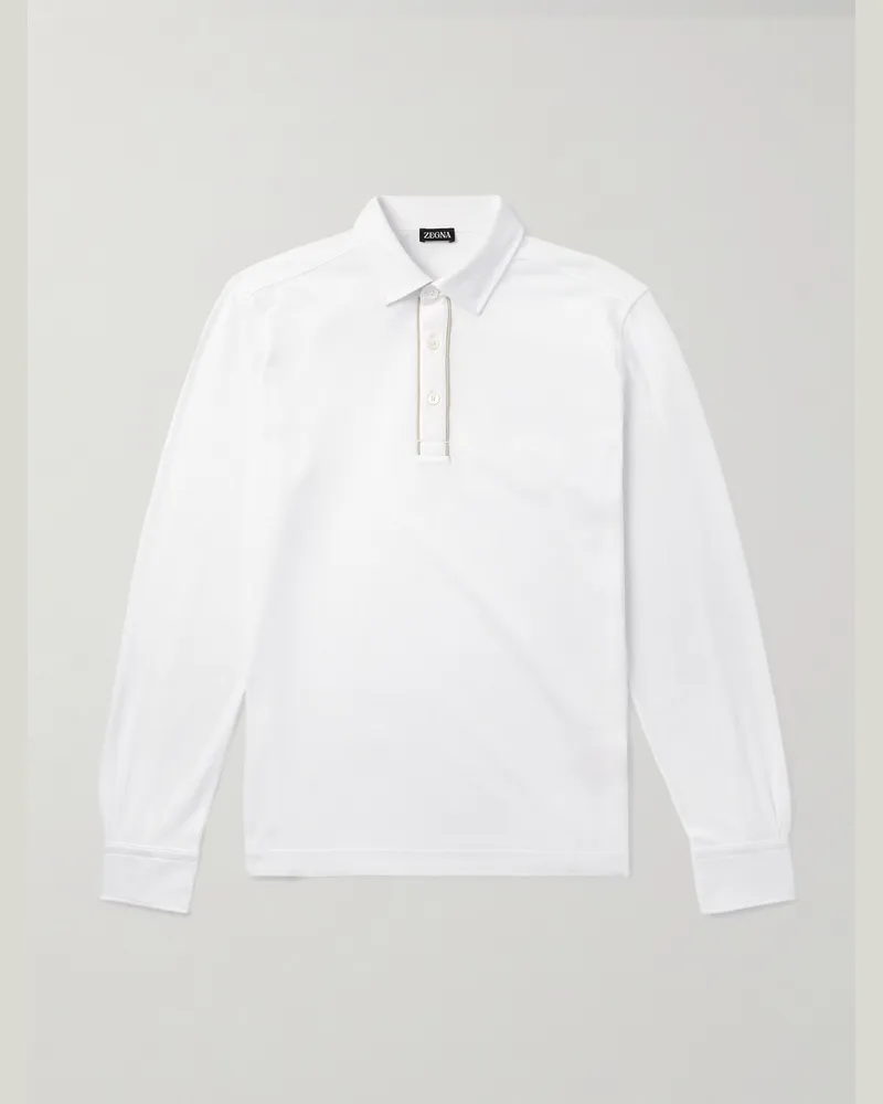 Ermenegildo Zegna Suede-Trimmed Cotton-Piqué Polo Shirt White