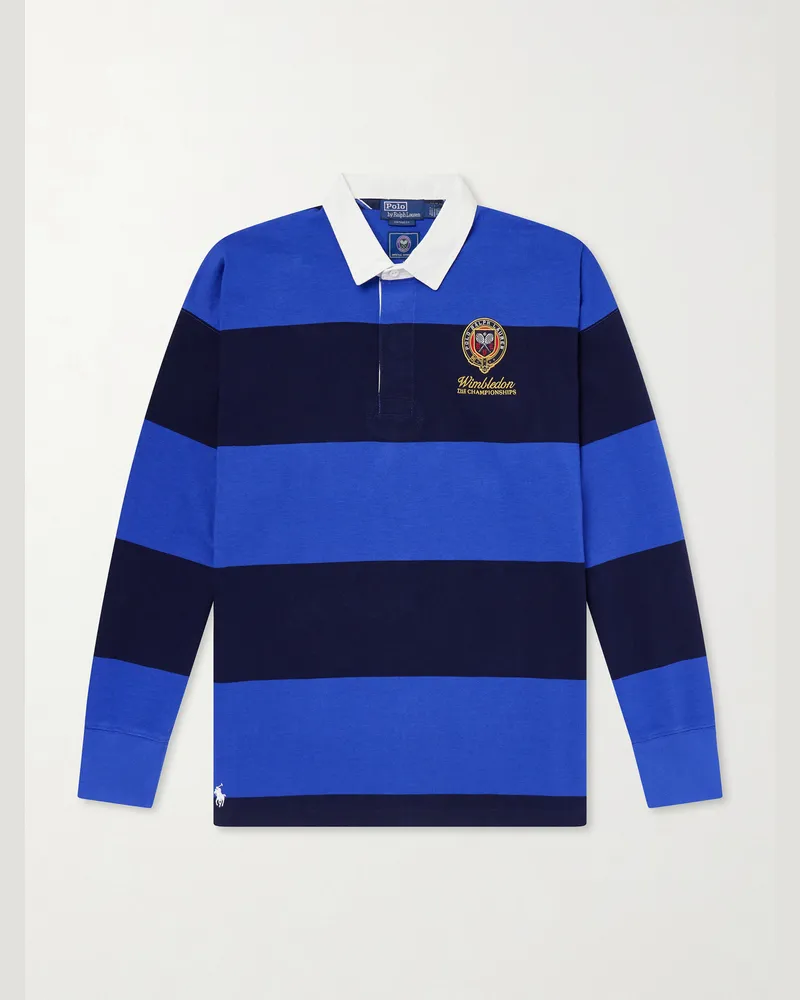 Ralph Lauren Wimbledon Logo-Embroidered Striped Cotton Rugby Polo-Shirt Blue