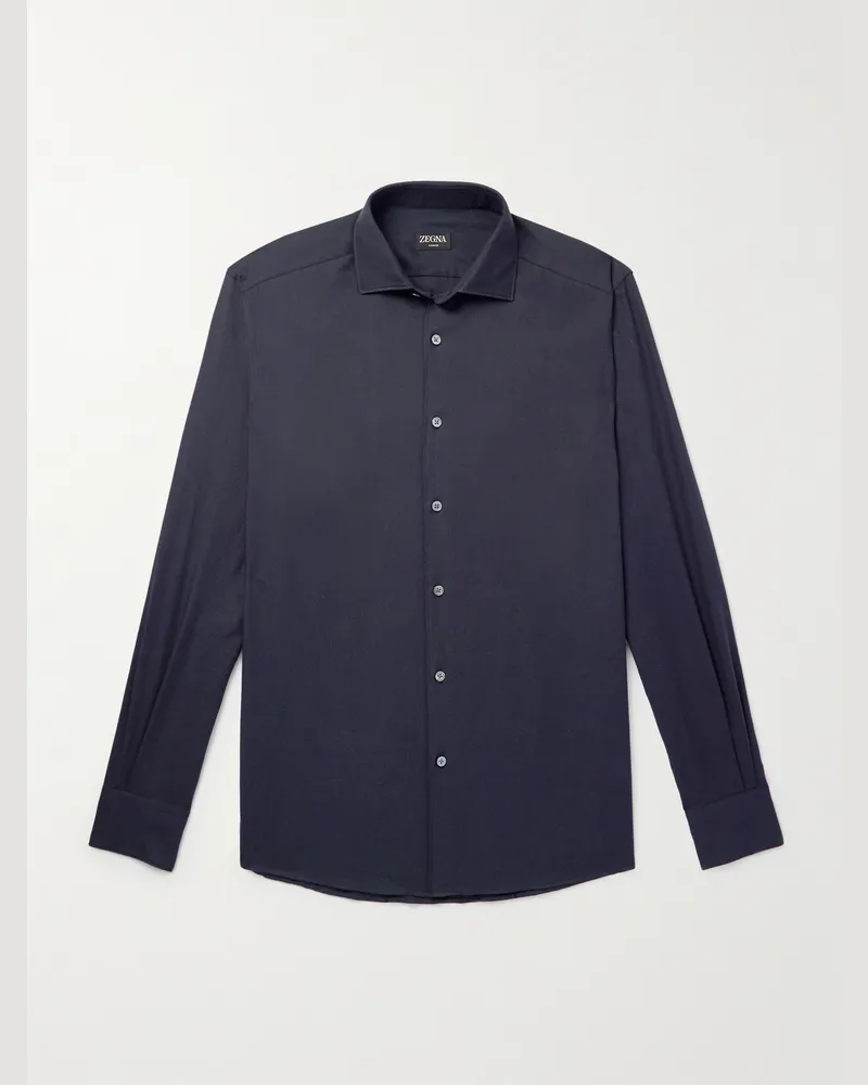 Ermenegildo Zegna Hemd aus Twill aus einer Baumwoll-Kaschmirmischung mit Cutaway-Kragen Blau