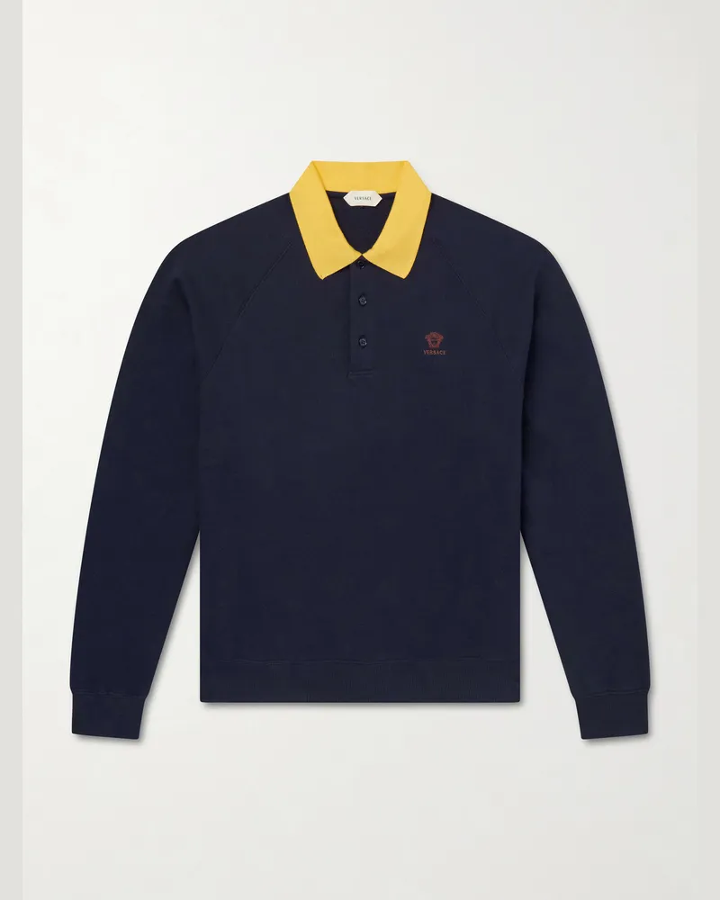Versace Logo-Embroidered Cotton-Jersey Polo Sweatshirt Blue