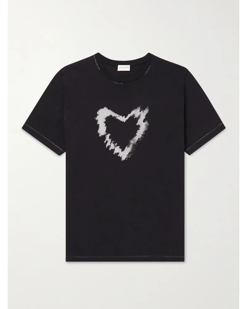 Saint Laurent Distressed Printed Cotton-Jersey T-Shirt Schwarz