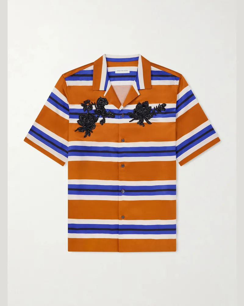 Dries van Noten Carltone Camp-Collar Striped Embellished Satin Shirt Orange