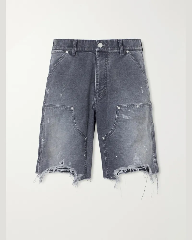 John Elliott + Co Desert Snow Straight-Leg Paint-Splattered Distressed Denim Shorts Gray