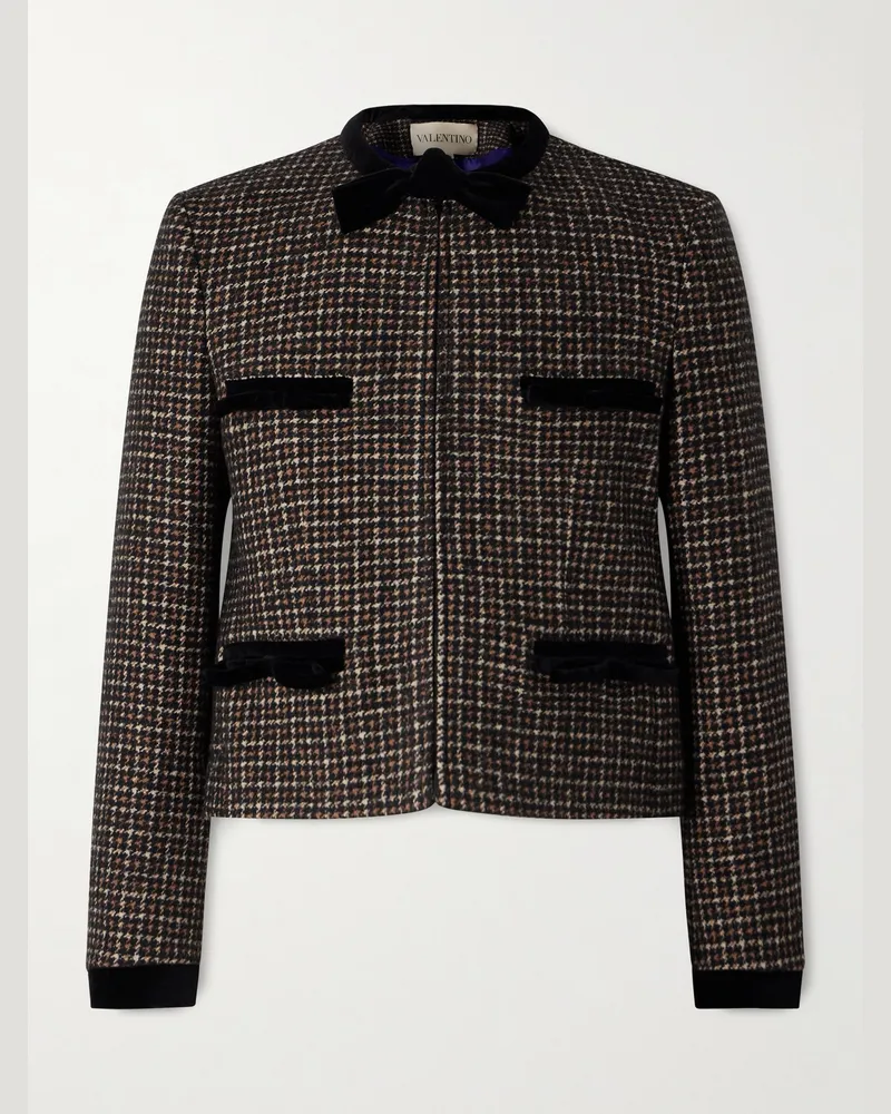 Valentino Garavani Jacke aus einer Wollmischung mit Hahnentrittmuster und Baumwollsamtbesatz Schwarz