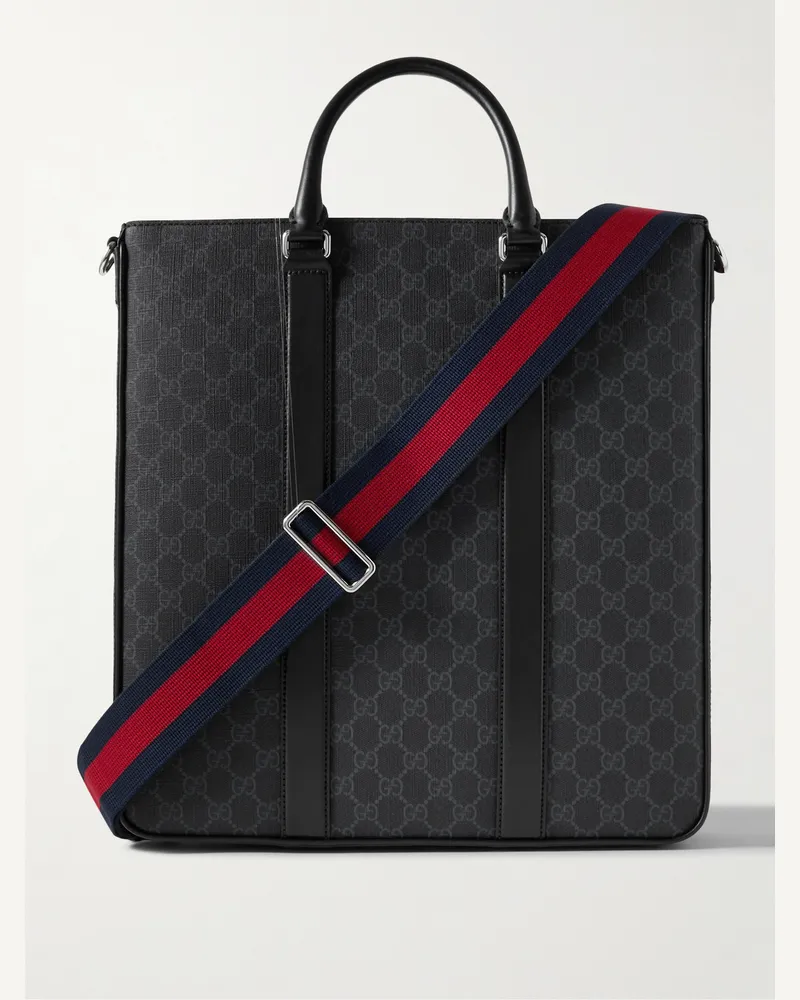 Gucci Tote aus beschichtetem Canvas mit Logomuster und Lederbesatz Schwarz