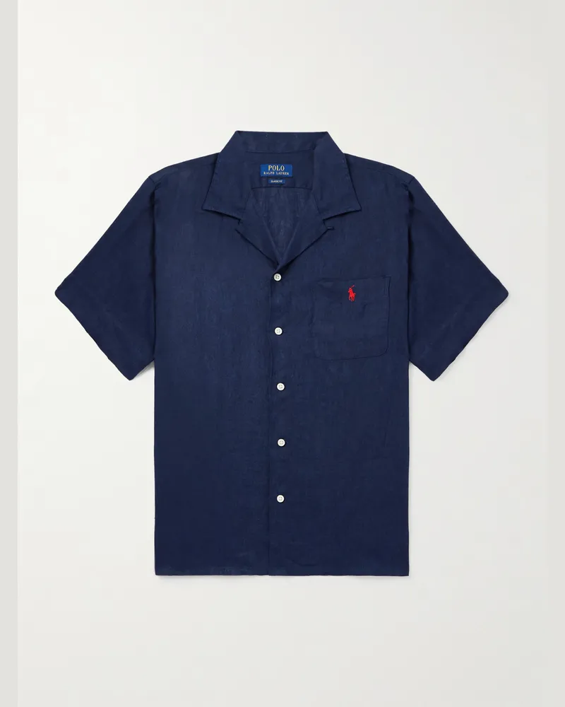 Ralph Lauren Hemd aus Leinen mit Logostickerei und wandelbarem Kragen Blau
