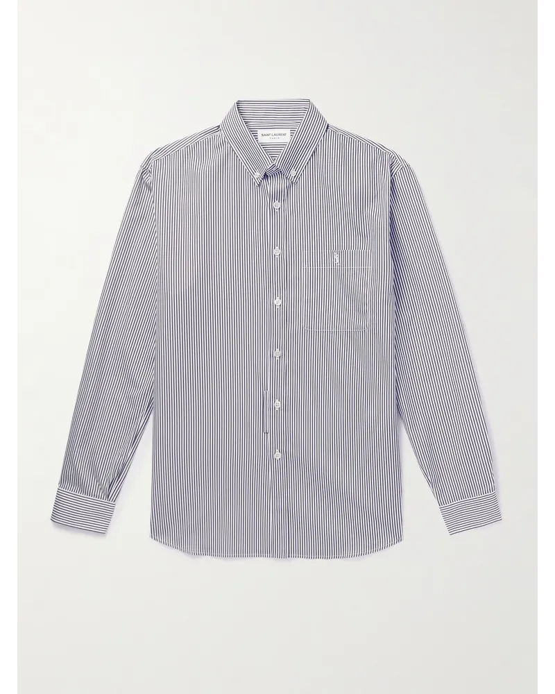 Saint Laurent Monogram Button-Down Collar Striped Cotton-Poplin Shirt Blau