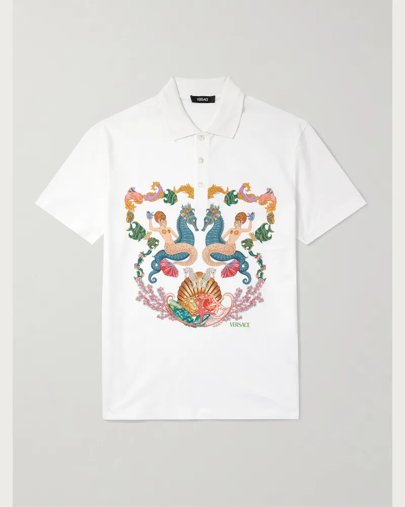 Versace Printed Cotton-Piqué Polo Shirt White