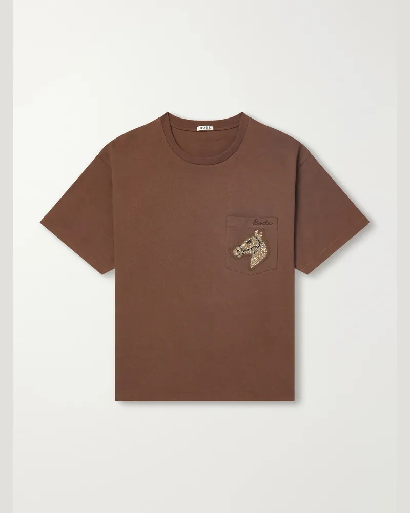 BODE Sequin-Embellished Cotton-Jersey T-Shirt Brown