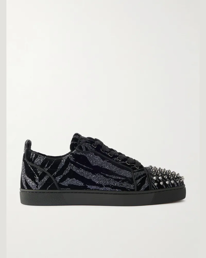 Christian Louboutin Louis Junior Sneakers aus Velours mit Glitter-Finish und Stachelnieten Schwarz