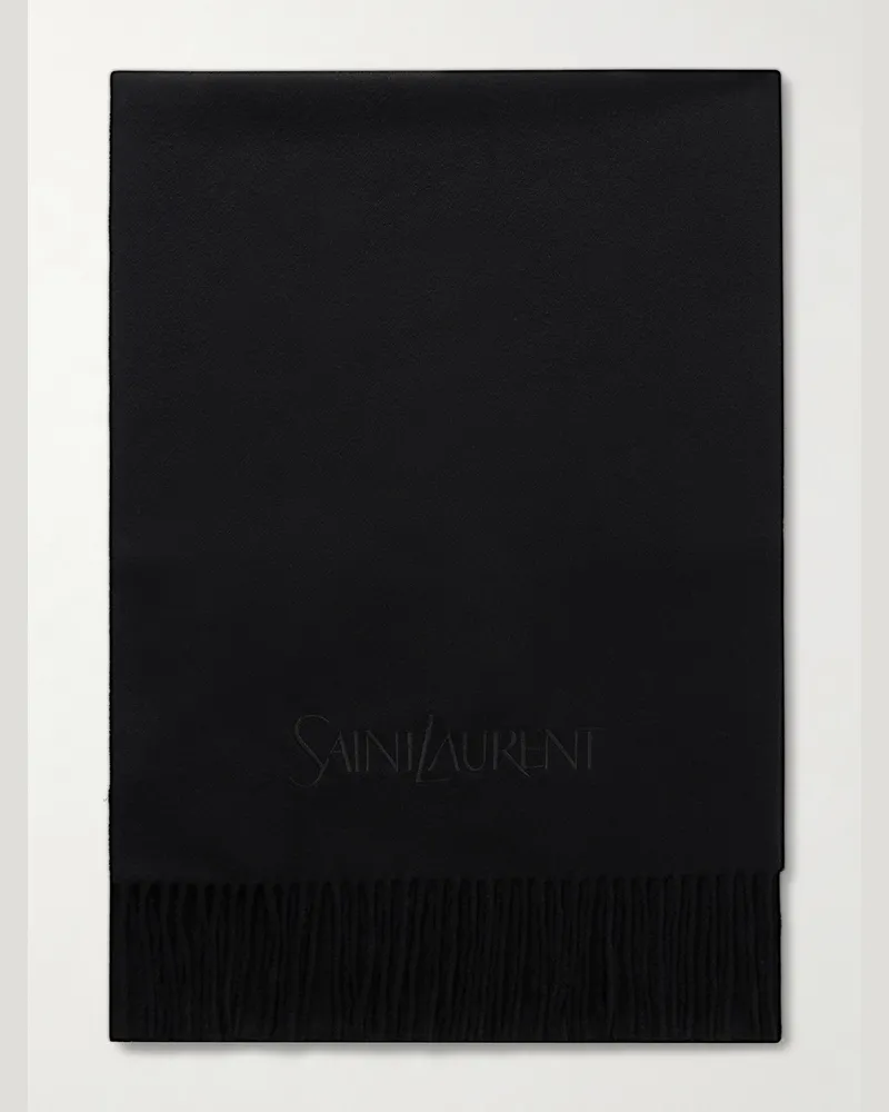 Saint Laurent Logo-Embroidered Fringed Cashmere Scarf Black
