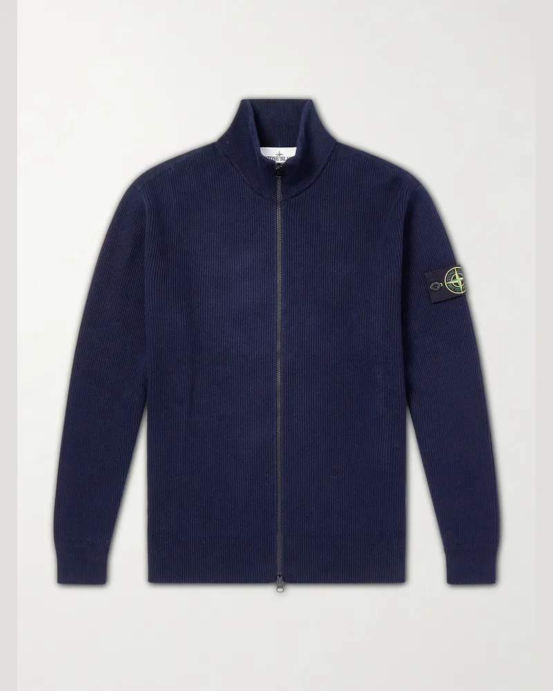 Stone Island Ribbed-Knit Organic Cotton Zip-Up Cardigan Blue
