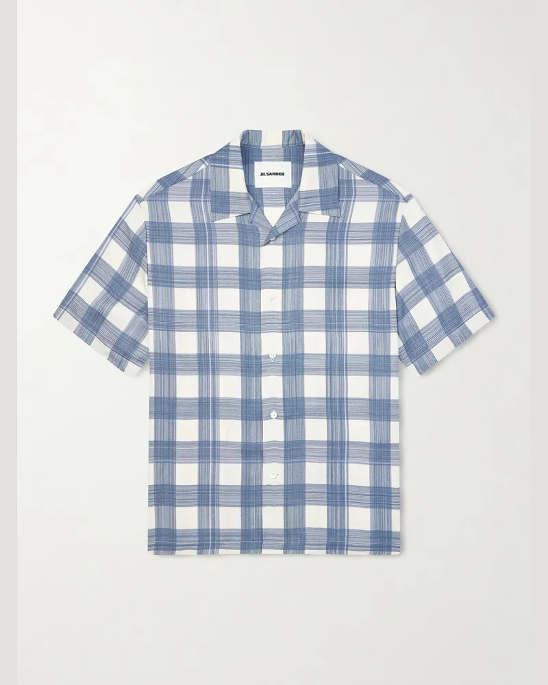 Jil Sander Camp-Collar Checked Poplin Shirt Blue