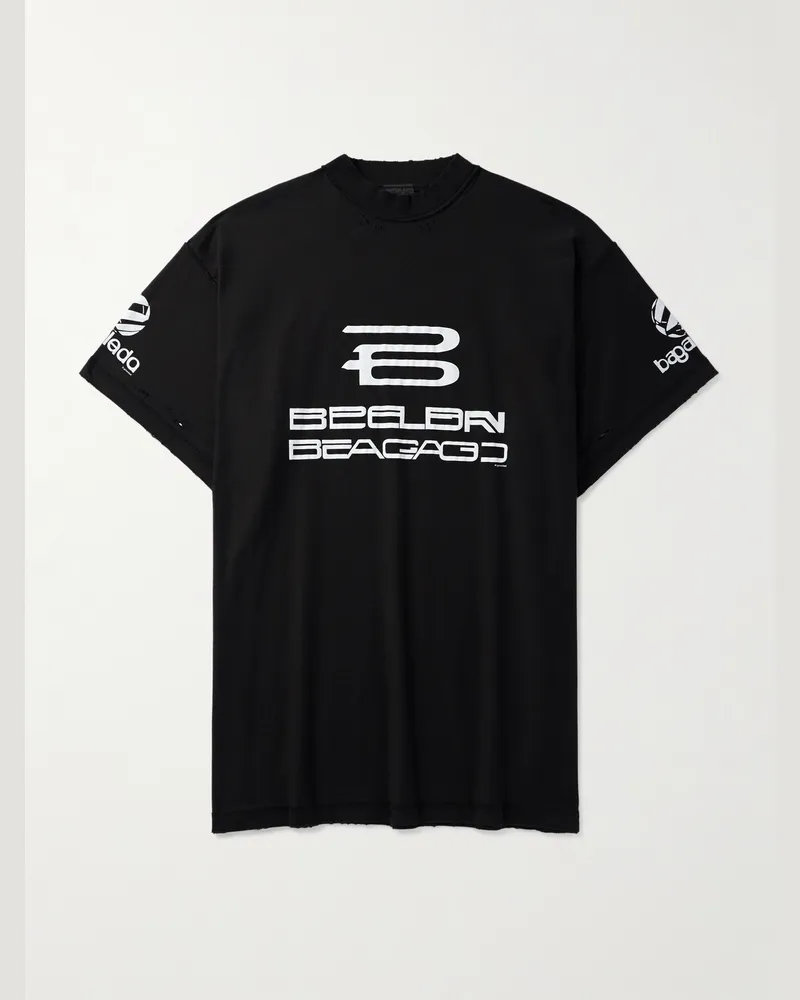 Balenciaga Inside Out Oversized Distressed Printed Cotton-Jersey T-Shirt Black