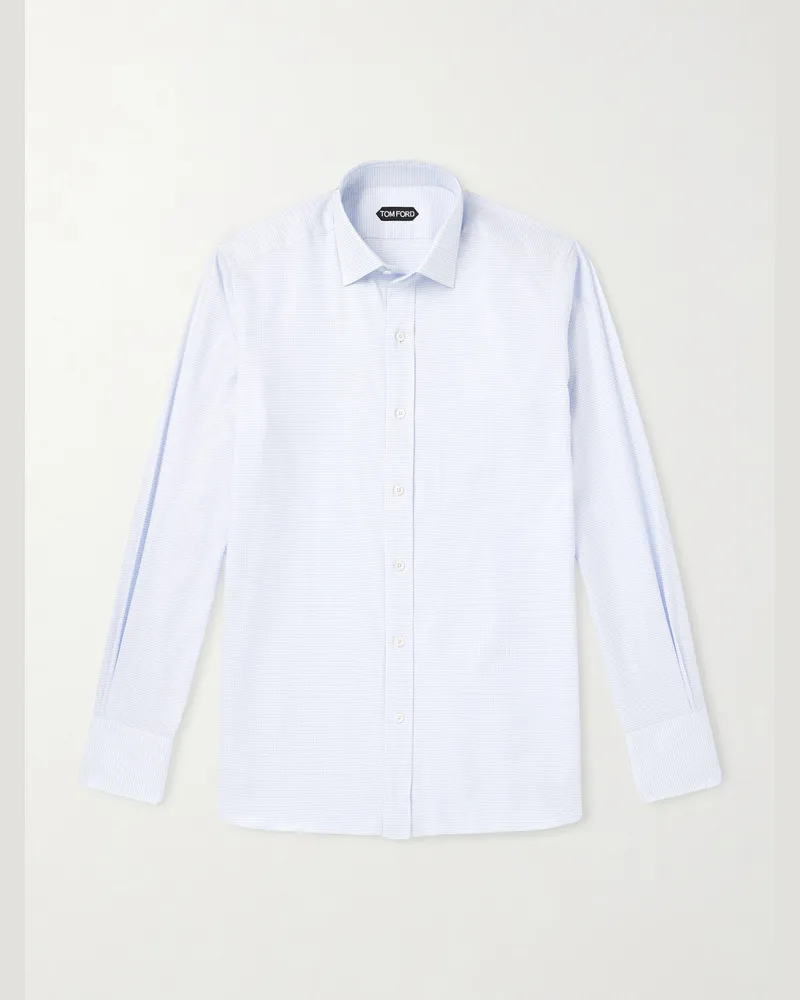 Tom Ford Slim-Fit Cutaway-Collar Houndstooth Cotton Shirt Blue