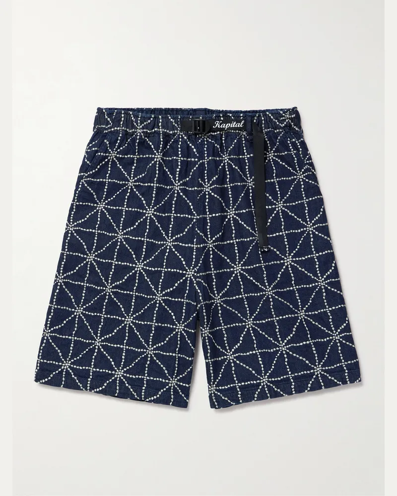 KAPITAL Dojo Easy Wide-Leg Belted Embroidered Denim Shorts Blue