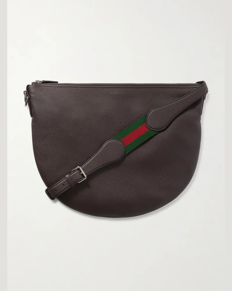 Gucci B große Umhängetasche aus vollnarbigem Leder mit Webband Braun