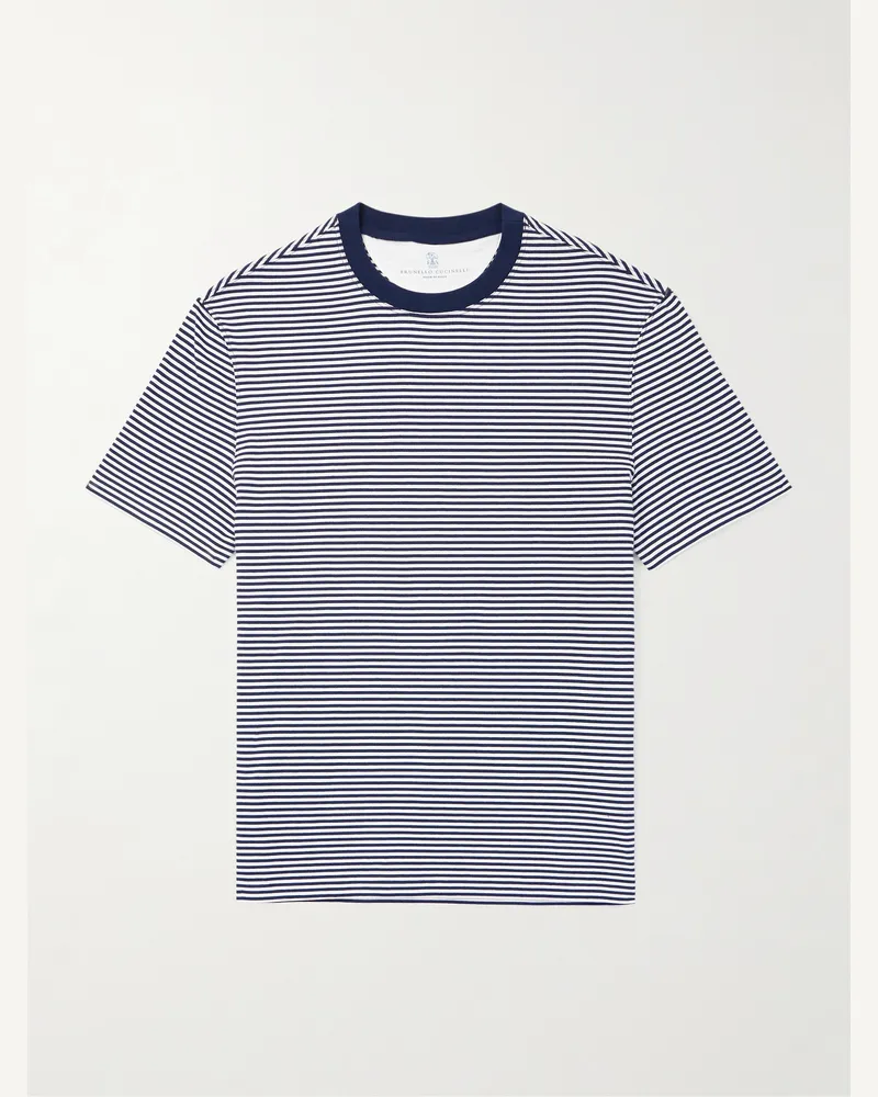 Brunello Cucinelli Schmal geschnittenes T-Shirt aus gestreiftem Baumwoll-Jersey Blau
