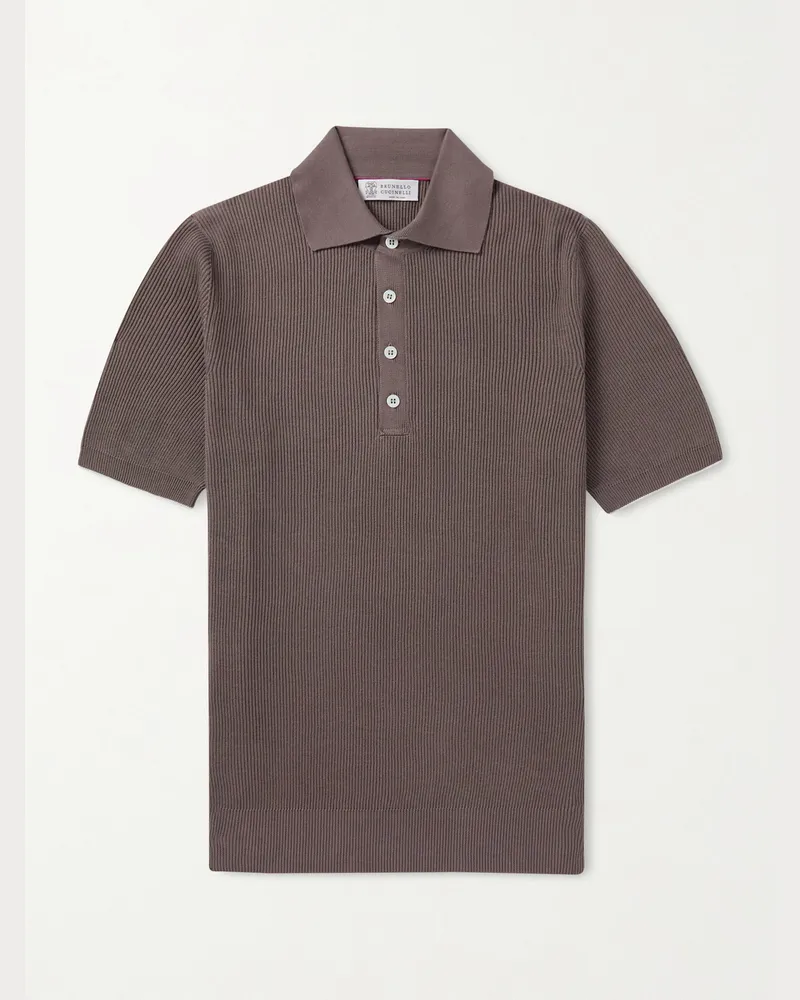 Brunello Cucinelli Ribbed Cotton Polo Shirt Brown