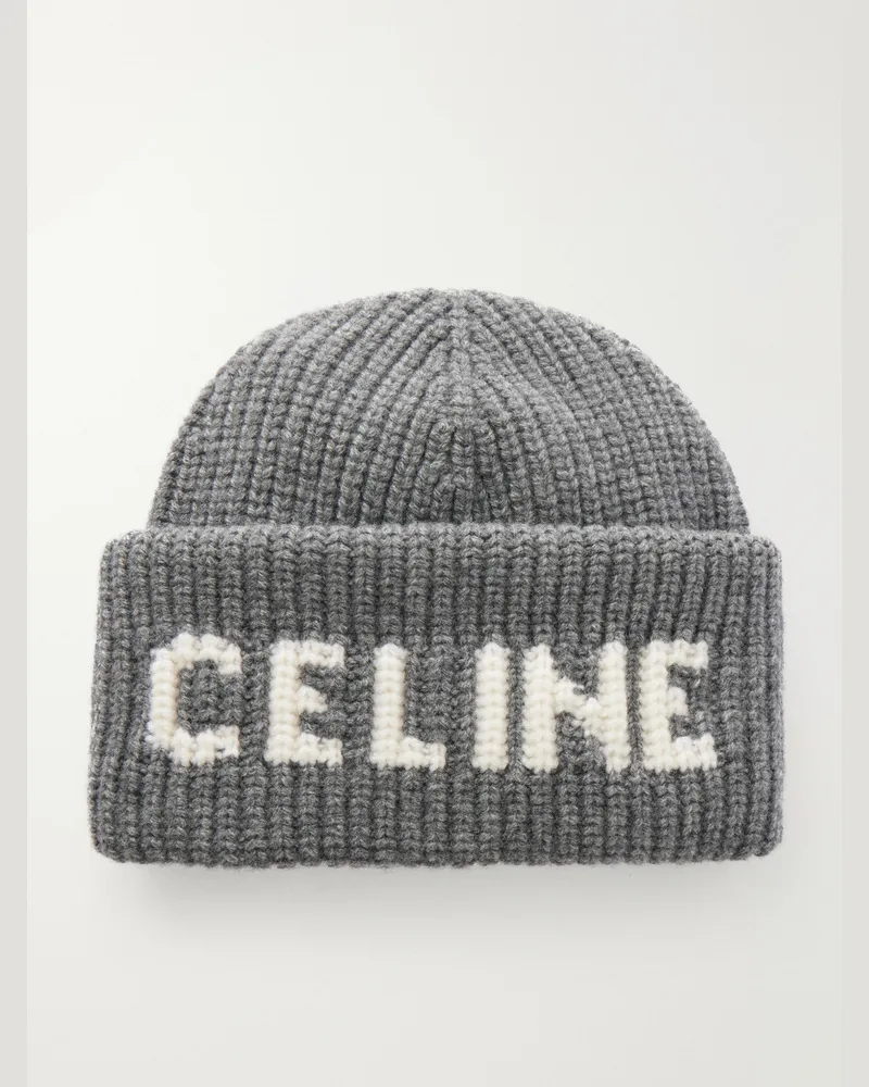 Celine Logo-Jacquard Ribbed Wool And Cashmere-Blend Beanie Gray
