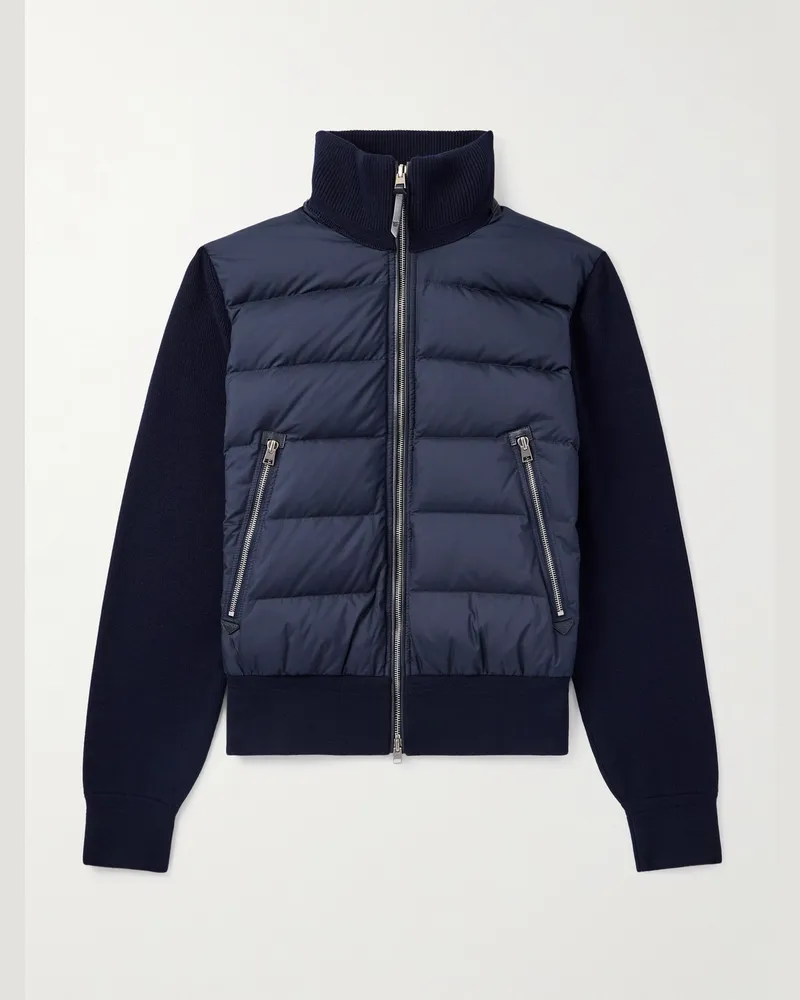 Tom Ford Daunenjacke aus gestepptem Shell und Wolle mit Lederbesatz Blau