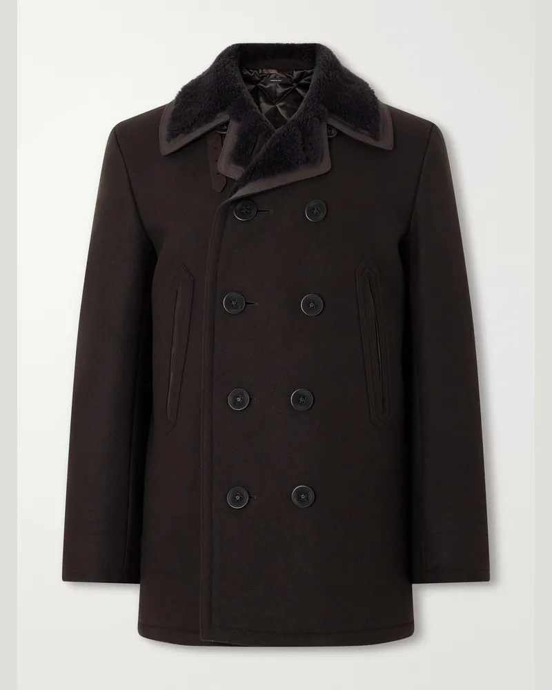 Tom Ford Shearling and Leather-Trimmed Woven Wool-Blend Coat Brown
