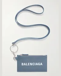 Balenciaga Kartenetui aus vollnarbigem Leder mit Logoprint, Umhängeband und Reißverschluss Blau