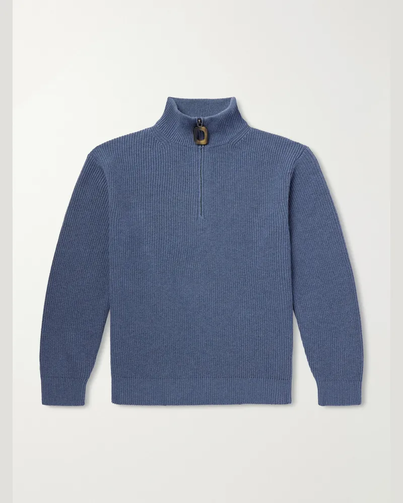 J.W.Anderson Ribbed Wool and Cotton-Blend Half-Zip Turtleneck Sweater Blue
