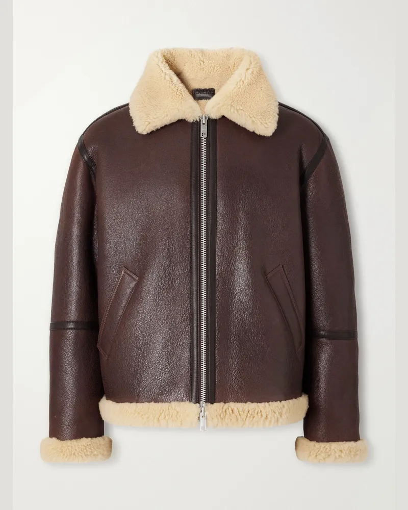 Totême Shearling-Trimmed Full-Grain Leather Jacket Brown