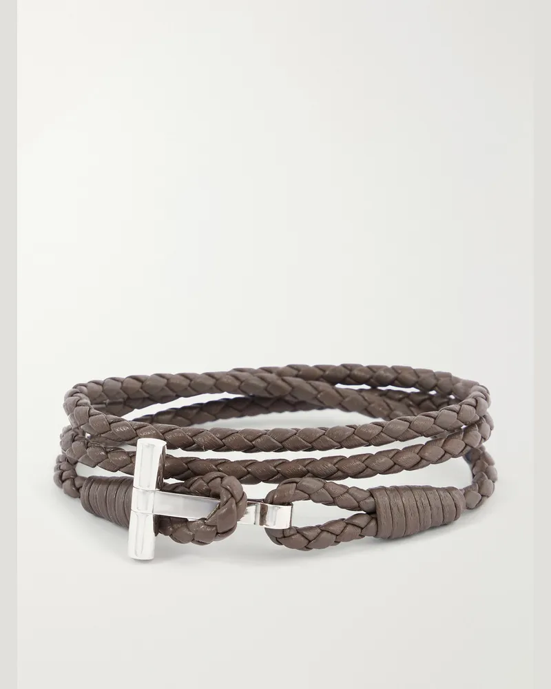 Tom Ford Woven Leather and Silver-Tone Wrap Bracelet Brown
