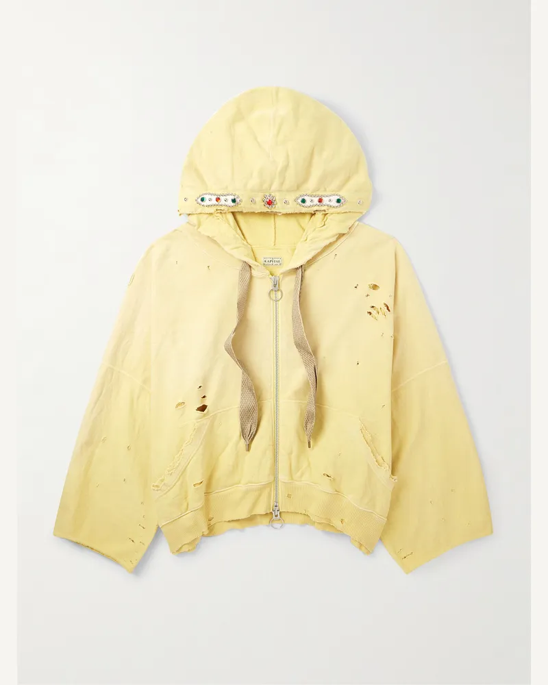 KAPITAL Kapuzenjacke aus Baumwoll-Jersey mit Reißverschluss und Verzierungen in Distressed-Optik Gelb