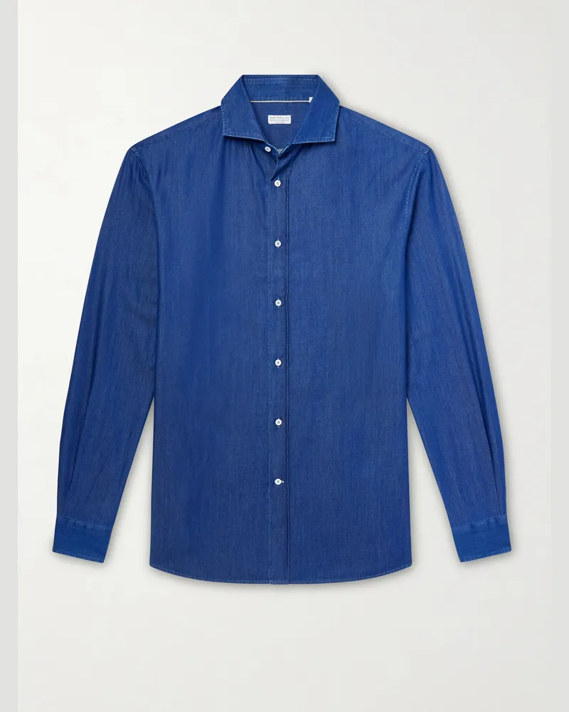 Brunello Cucinelli Cutaway-Collar Cotton-Chambray Shirt Blue