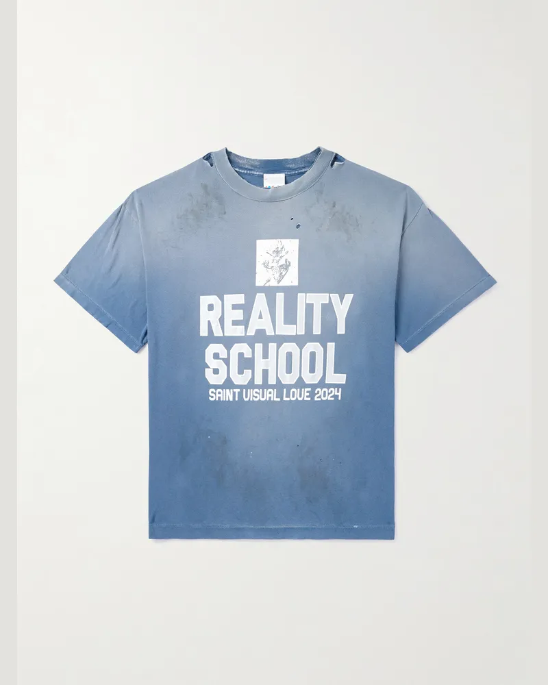 SAINT MXXXXXX Reality School Distressed Printed Cotton-Jersey T-Shirt Blue