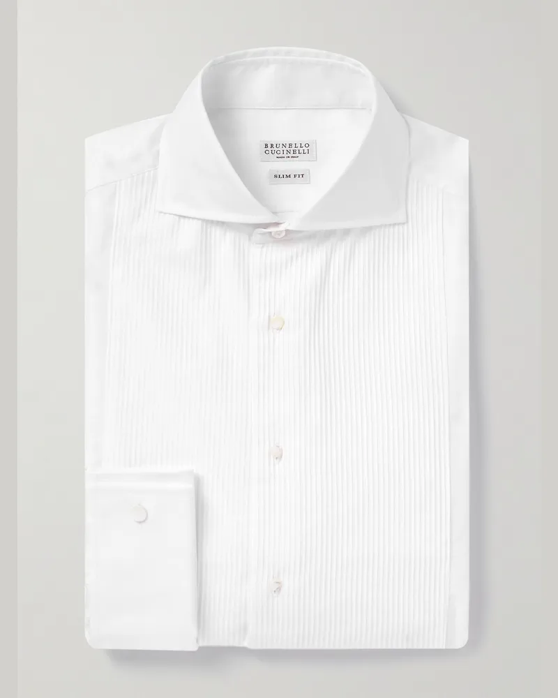 Brunello Cucinelli Hemd aus Baumwollpopeline mit Plastron und Umschlagmanschette Weiß