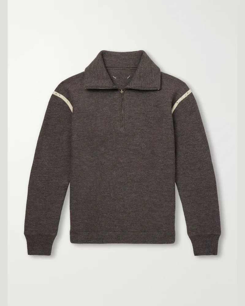 Maison Margiela Distressed Denim-Trimmed Wool Half-Zip Sweater Brown