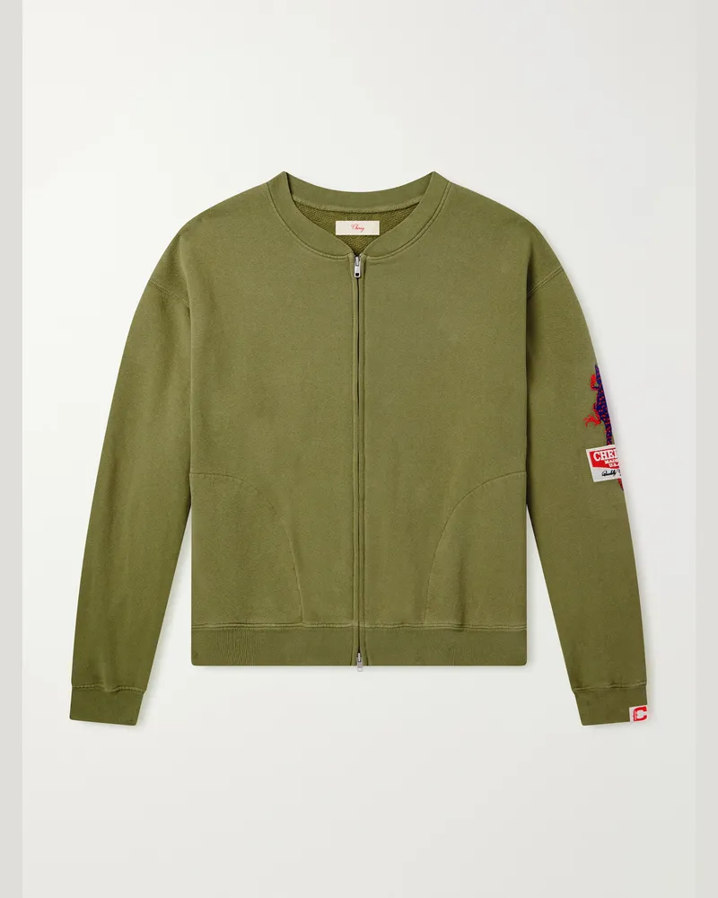 Cherry Los Angeles Logo-Embroidered Cotton-Jersey Zip-Up Sweatshirt Green