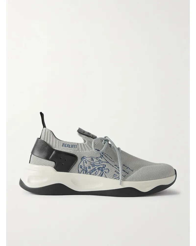 Berluti Shadow Scritto Sneakers aus Stretch-Strick mit Besatz aus Venezia-Leder Grau