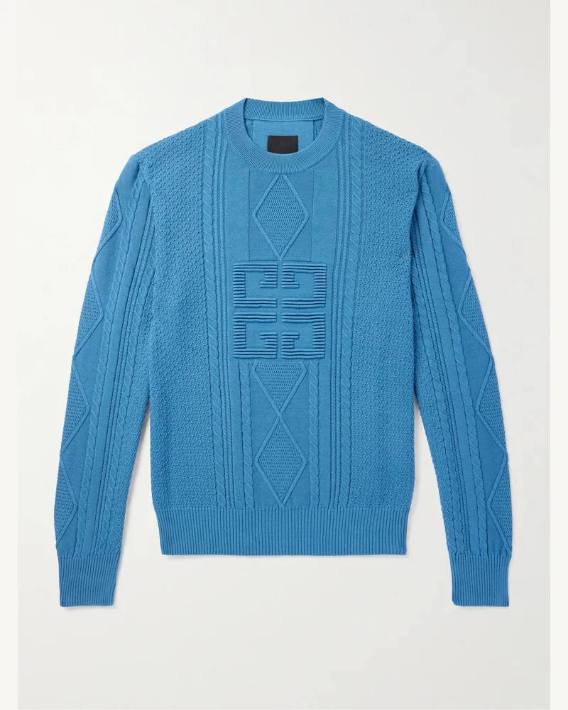 Givenchy Pullover aus Baumwolle in Zopfstrick mit Jacquard-Logomotiv Blau