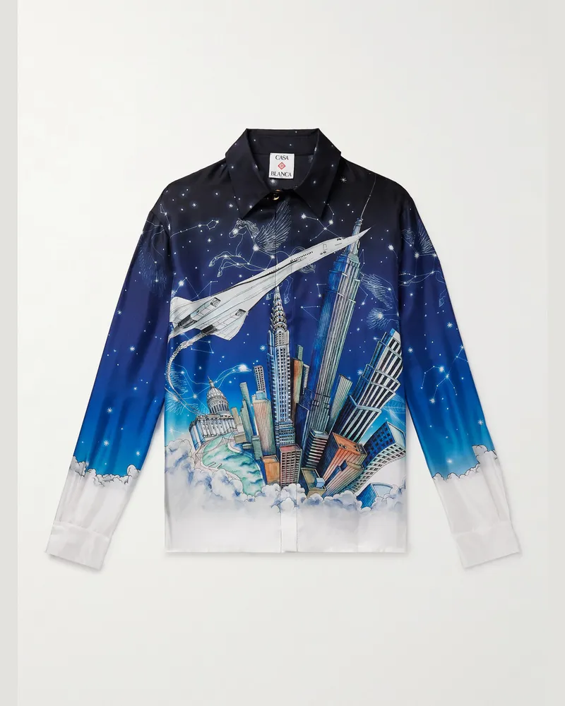 Casablanca Paris Vol de Nuit Hemd aus Seide mit Print Blau