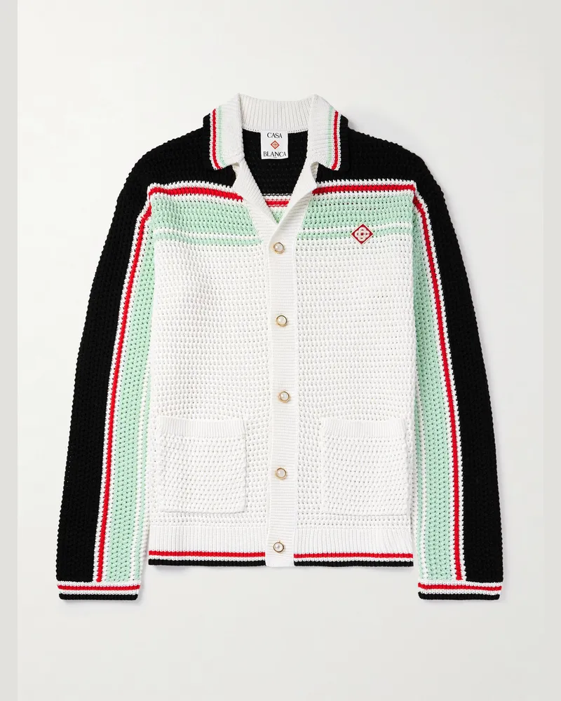 Casablanca Paris Cardigan aus gehäkelter Baumwolle mit Logoapplikation, Reverskragen und Streifen Weiß