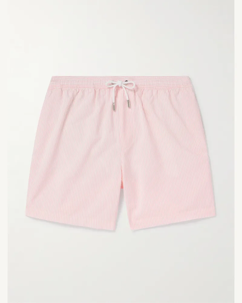 MR P. Gerade geschnittene mittellange Badeshorts aus gestreiftem Seersucker Pink