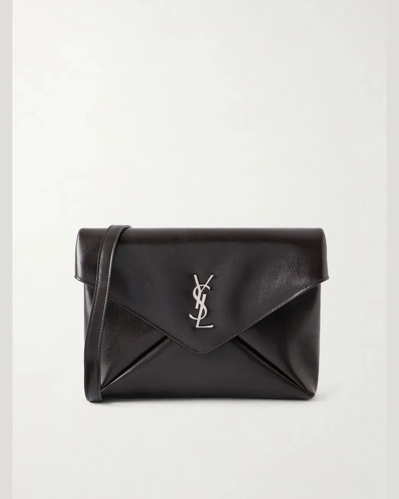Saint Laurent Cassandre-Embellished Full-Grain Leather Messenger Bag Black