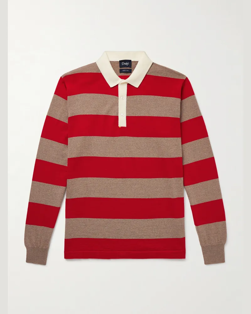 Drake's Striped Merino Wool Polo Shirt Red