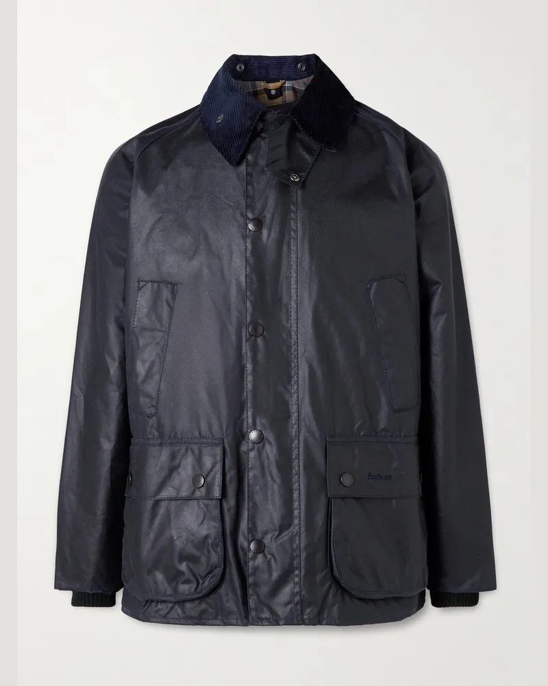 Barbour Bedale Corduroy-Trimmed Waxed-Cotton Jacket Blue